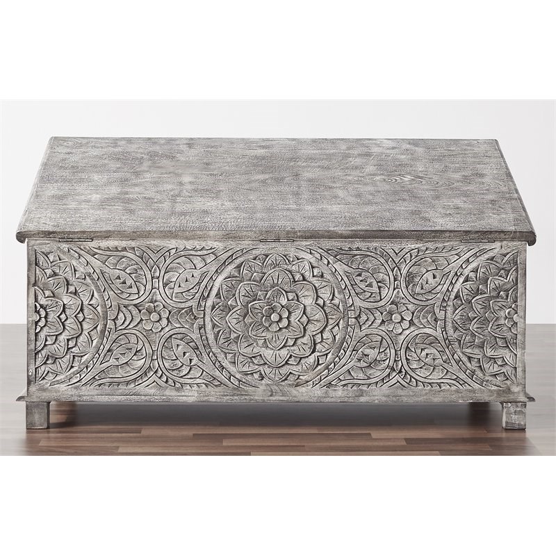 Mod-Arte Anglo Modern Solid Hard Wood Hand Carved Trunk in Gray