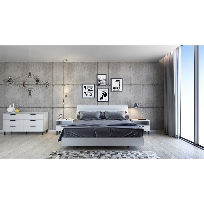 Mod-Arte Lyon Modern Wood and Faux Leather Upholstered King Bed in Glossy White