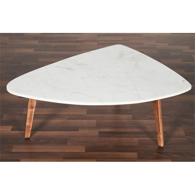 ModArte Nero white authentic marble triangular coffee table with wood