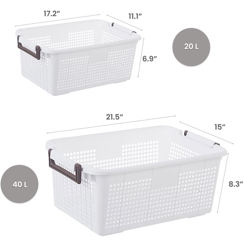 HANAMYA Stackable Storage Basket Organizer with Handle 20 Liter White (Set of 4)