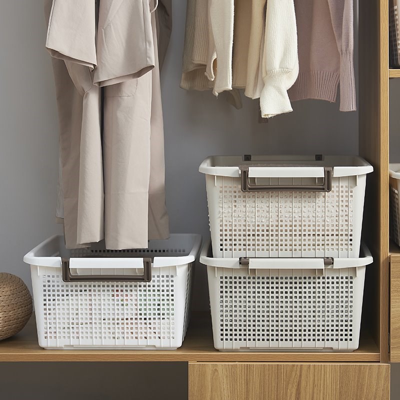 HANAMYA Stackable Storage Basket Organizer with Handle 40 Liter White (Set of 2)