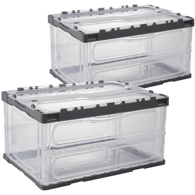 HANAMYA Folding & Stackable Storage Bin with Lid 80 Liter Clear/Gray (Set of 2)
