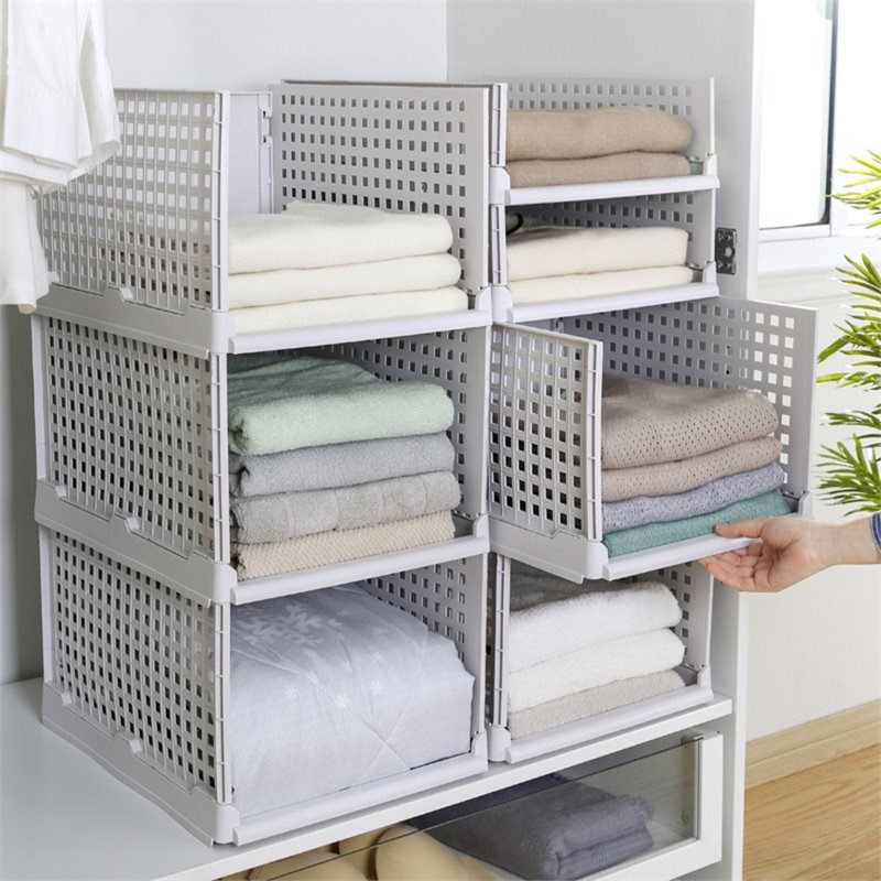 HANAMYA Folding and Stackable Storage Shelf Organizer in Light Gray (Set of 4)