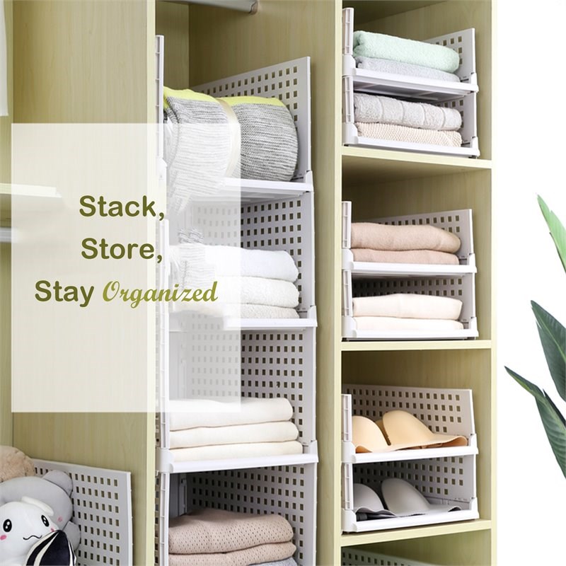 HANAMYA Folding and Stackable Storage Shelf Organizer in Light Gray (Set of 4)