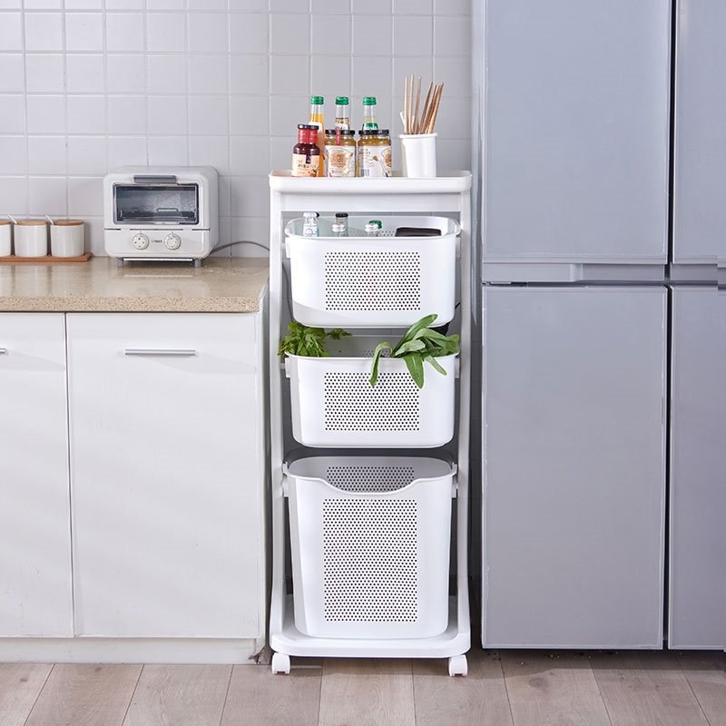 HANAMYA 3-Portable Basket Rolling Cart with Top Shelf in White