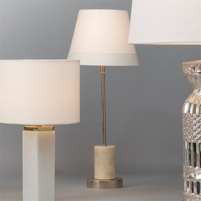 J&D Designs Darcey Metal and Marble Table Lamp with Linen Shade in White/Nickel
