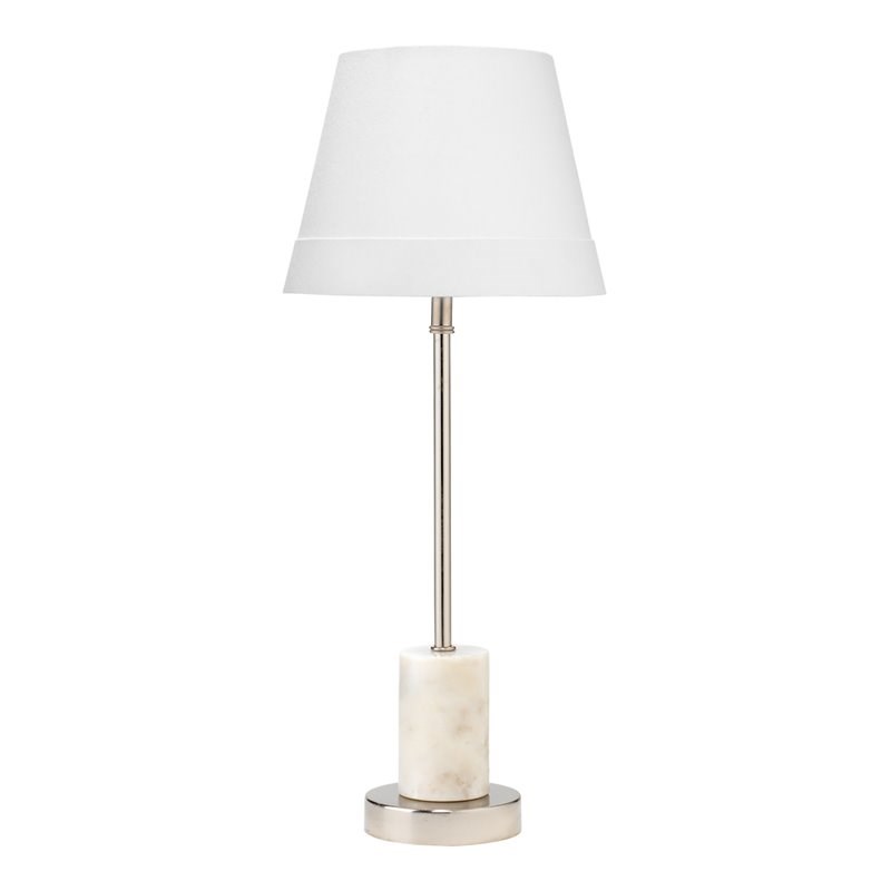 J&D Designs Darcey Metal and Marble Table Lamp with Linen Shade in White/Nickel