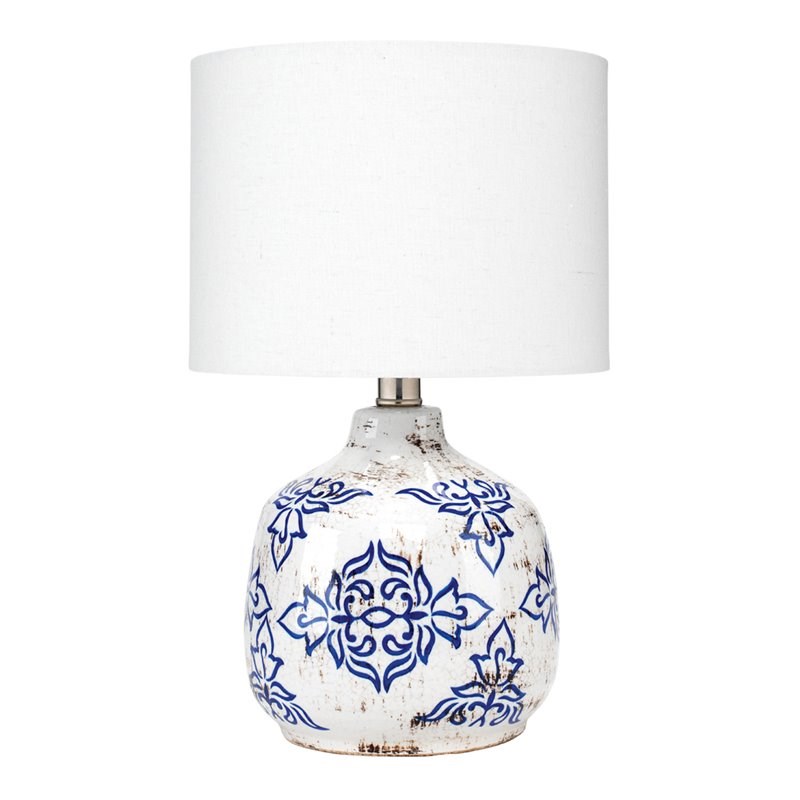 J&D Designs Ruby Ceramic and Cotton Table Lamp in White/Blue Patterned
