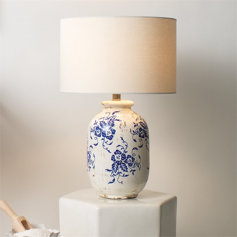 J&D Designs Ruth Ceramic and Cotton Table Lamp in White/Blue Patterned