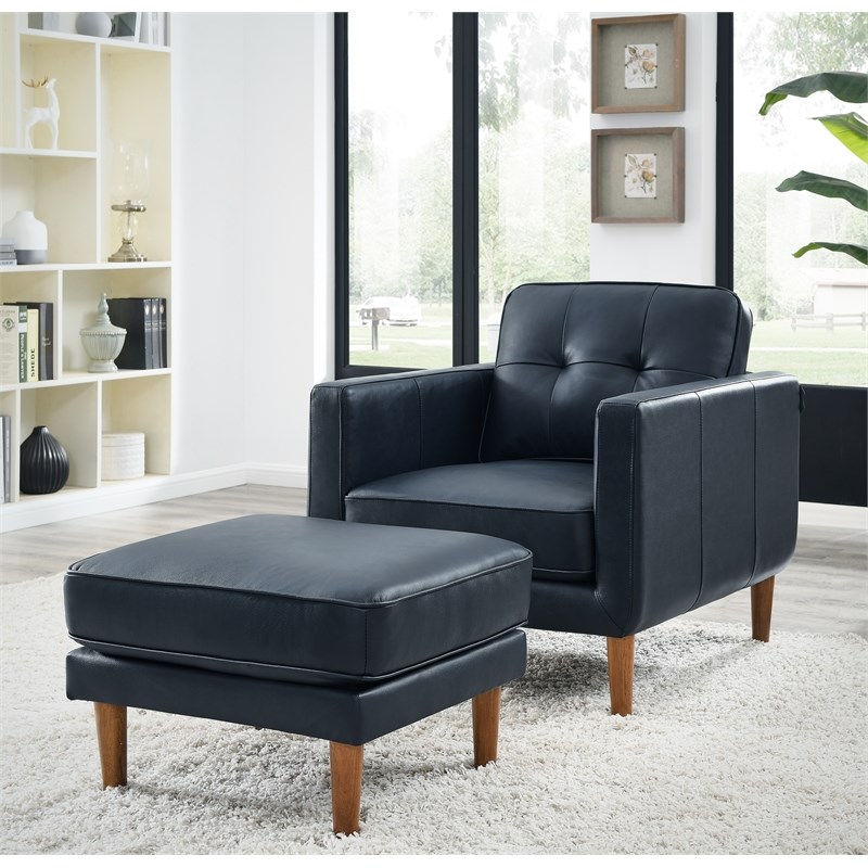Partner Furniture Premium Top-Grain Leather Chair with Ottoman Set in Dark Blue