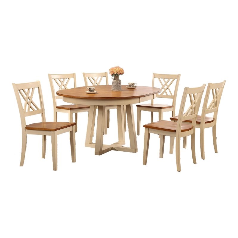 Iconic Furniture Company 7-Pc Double X Wood Cross Pedestal Dining Set in Caramel