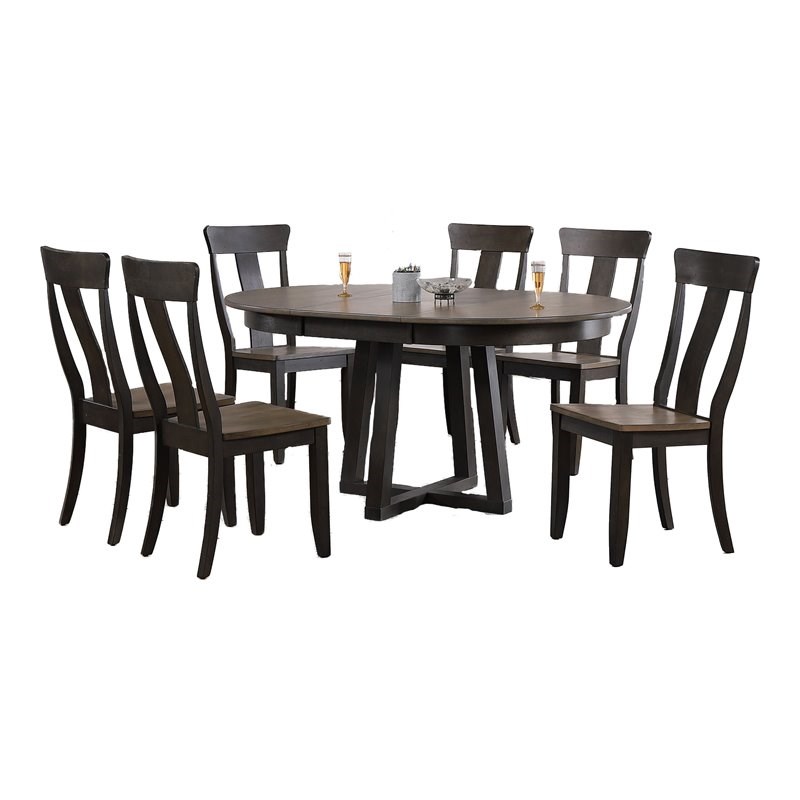 Iconic Furniture Company 7-Pc Panel Wood Pedestal Dining Set in Gray/Black Stone