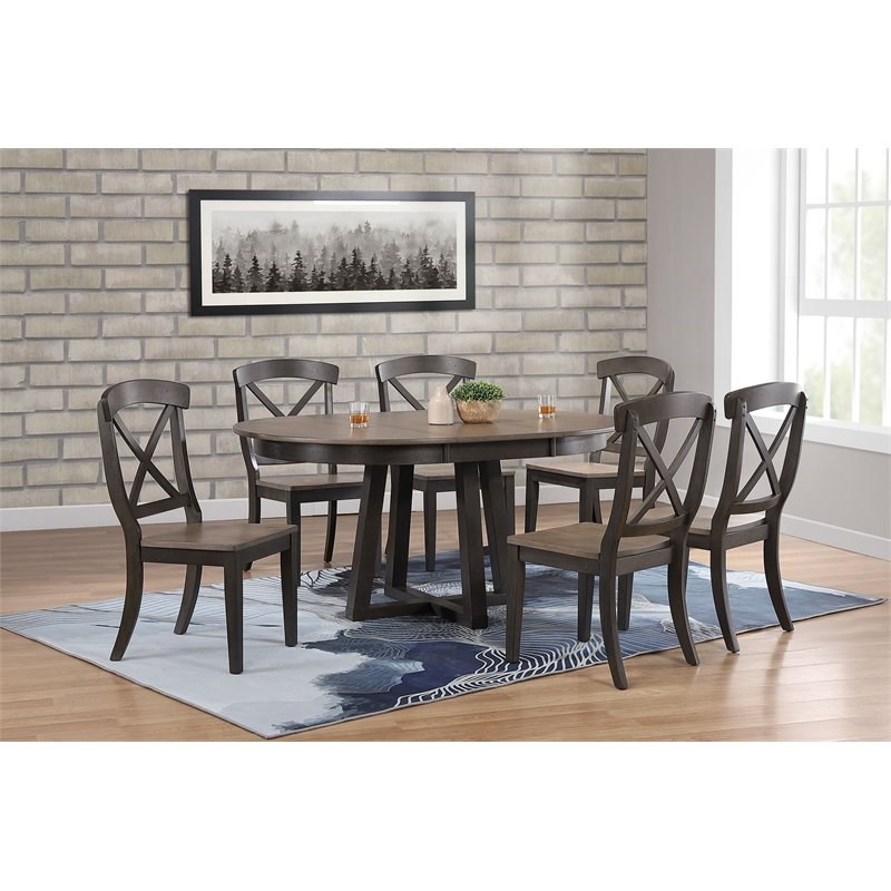 Iconic Furniture Company 7-Pc X Wood Pedestal Dining Set in Gray/Black Stone