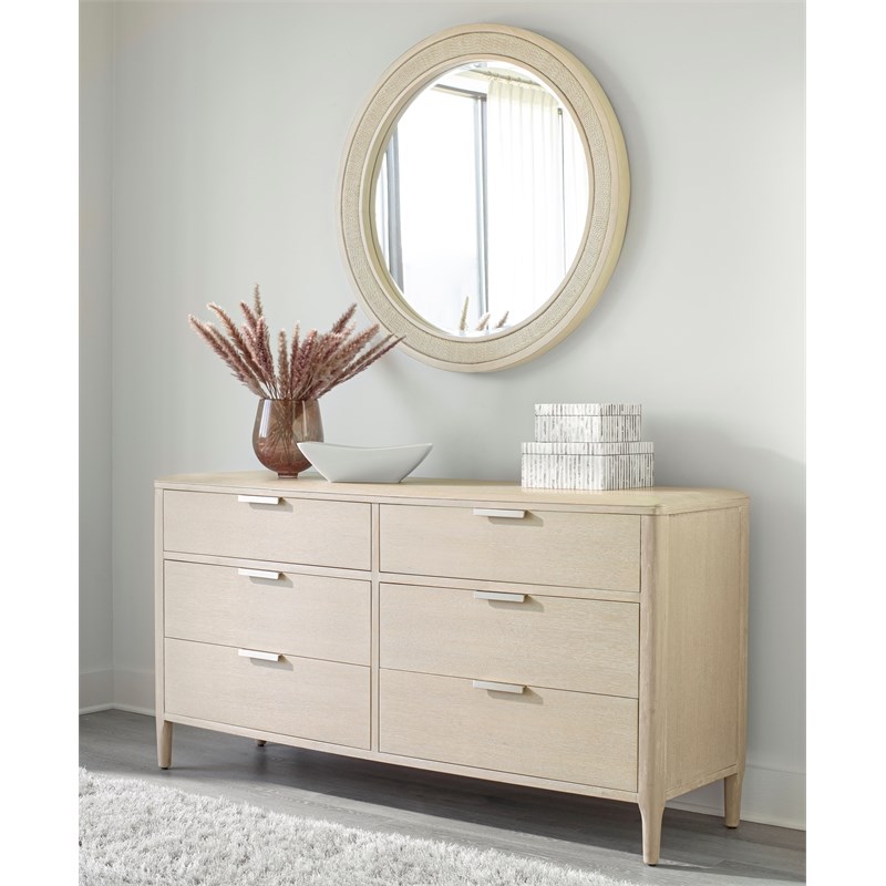 Palmetto Home Pearl Soft Beige Wood 6-Drawer Dresser and Woven Round Mirror