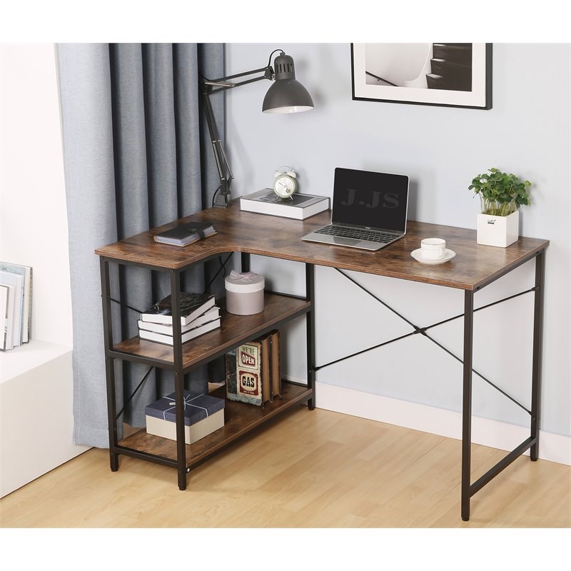 Eden Home Wood Corner Writing/Computer Desk with Bookcase in Rustic Brown