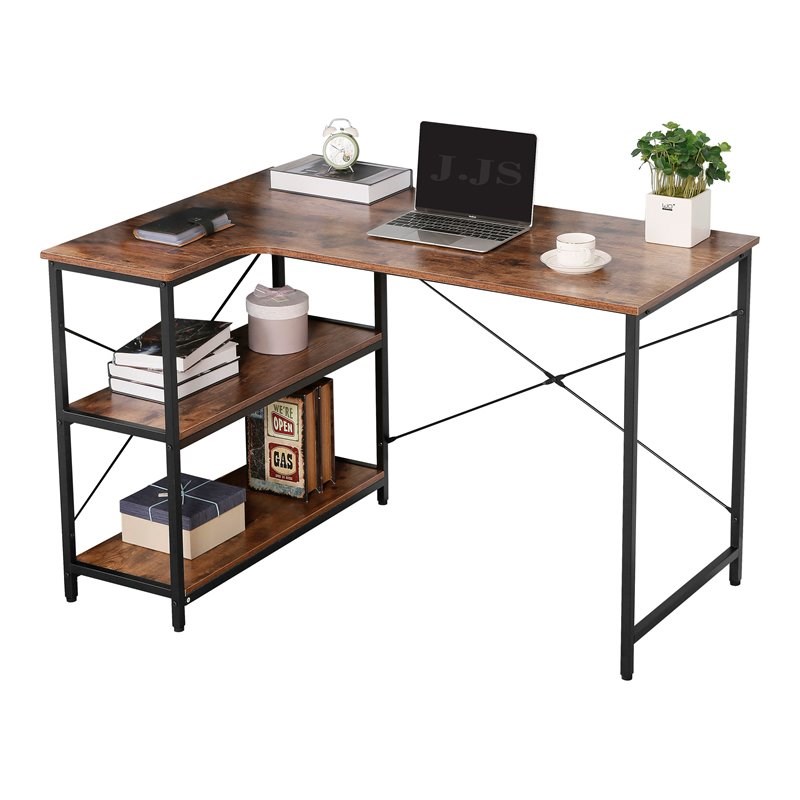 Eden Home Wood Corner Writing/Computer Desk with Bookcase in Rustic Brown