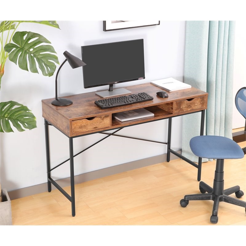 Eden Home Wood & Metal Writing/Computer Desk with Drawers in Rustic Brown