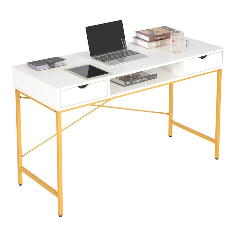 Eden Home Wood & Metal Writing/Computer Desk with Drawers in White/Golden