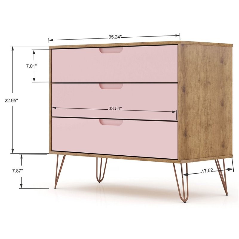 Eden Home Wood 2 PC 3 Drawer Dresser Set in Nature and Rose Pink