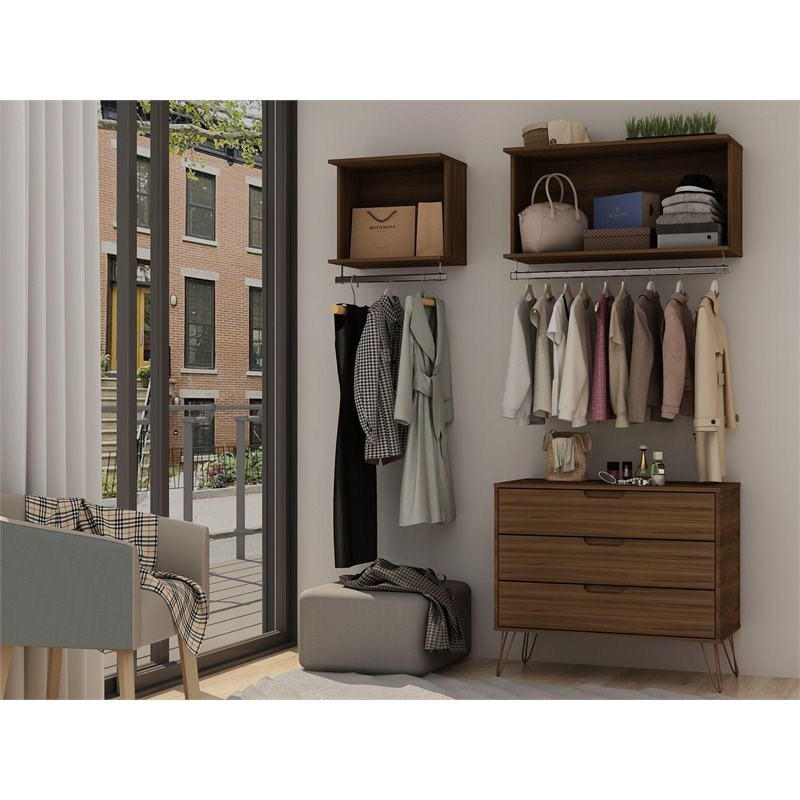 Eden Home Mid-Century Modern Wood 3 PC Open Closet Wardrobe Set in Brown