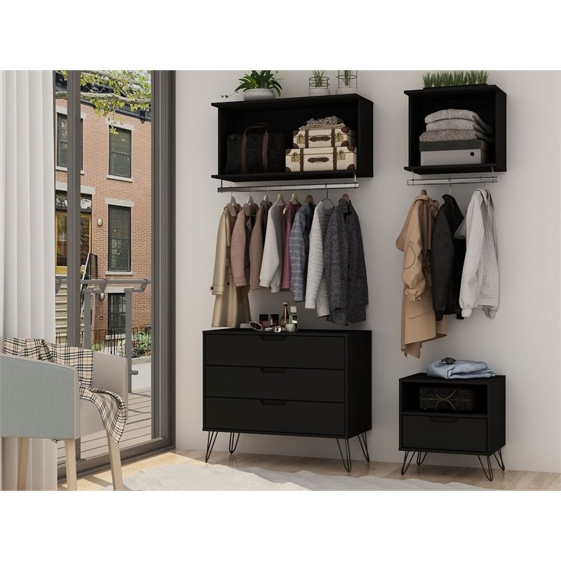 Eden Home Mid-Century Modern Wood 4 PC Open Closet Wardrobe Set in Black