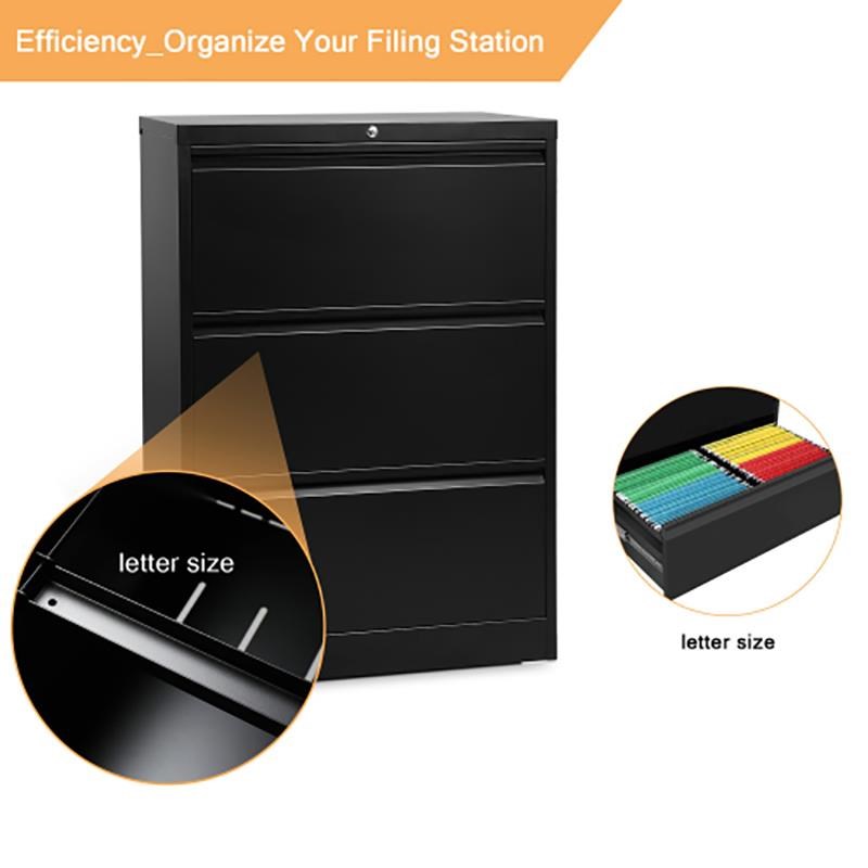 GangMei 3-Drawer Steel Metal Lateral Filing Cabinet with Lock in Black