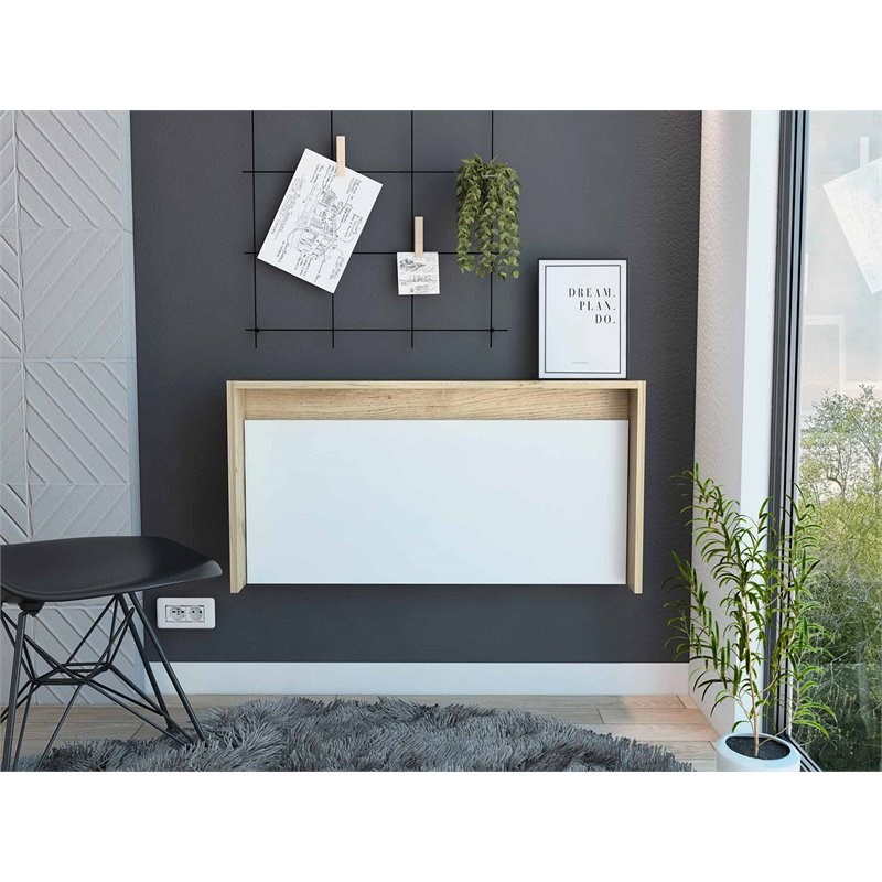 FM Furniture Brickell Modern Wood Floating Desk for Office in Light Oak/White