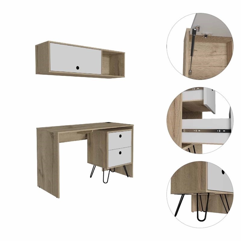 FM Furniture Cartagena Modern Wood Office Desk Set in Light Oak and White