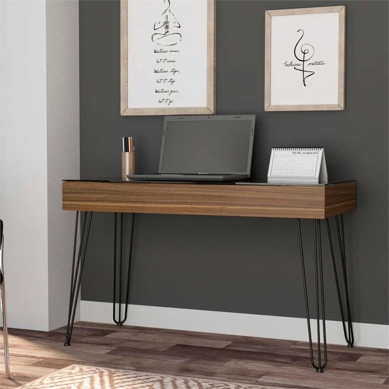 FM Furniture Kyoto 120 Modern Wood Desk with Abstract Steel Legs in Mahogany