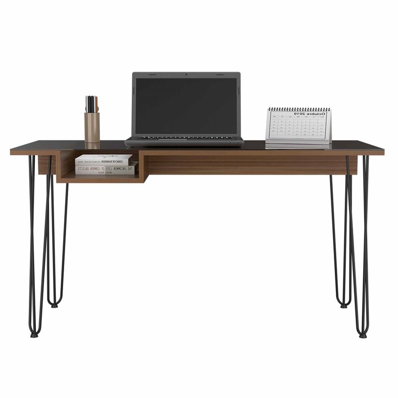 FM Furniture Kyoto 140 Modern Wood Desk with Abstract Steel Legs in Mahogany