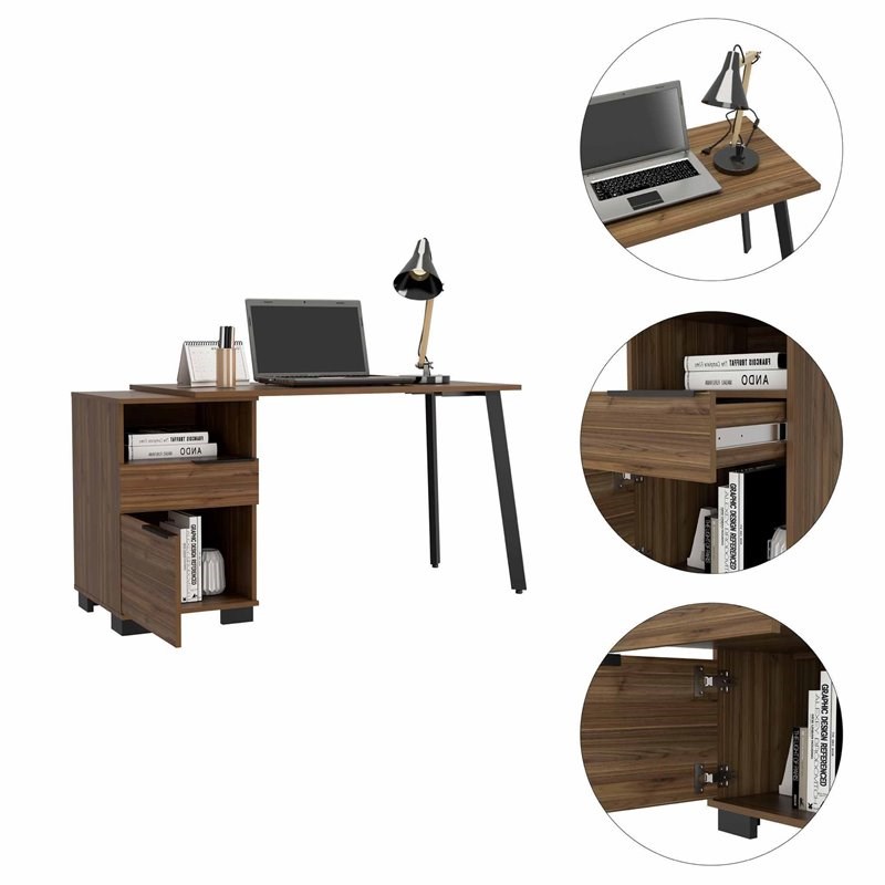 FM Furniture Petra 1 Drawer Wood Desk with One Shelf and One Cabinet in Mahogany