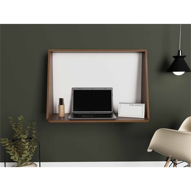 FM Furniture Roma Modern Wood Wall Desk for Office in Mahogany/Glossy White