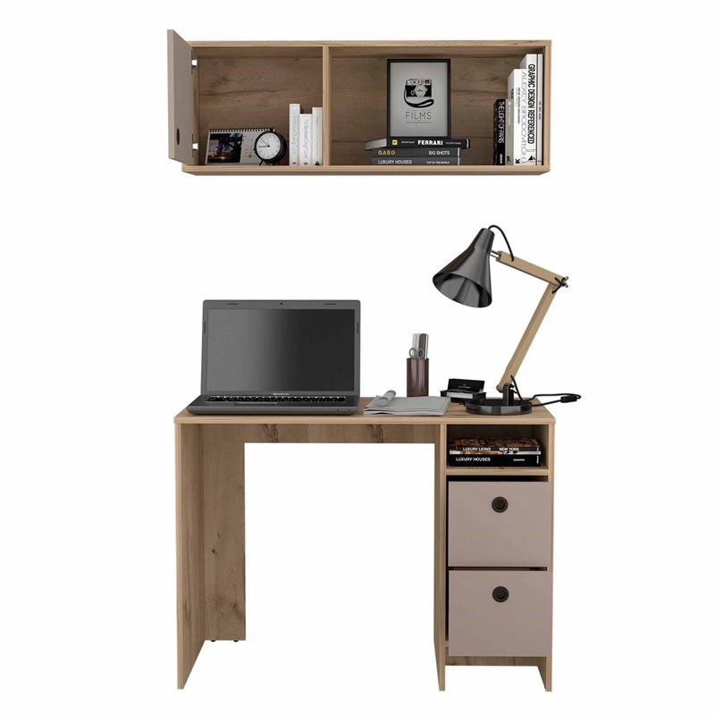 FM Furniture Tokyo 3-Drawer Modern Wood Office Desk Set in Light Oak/Taupe
