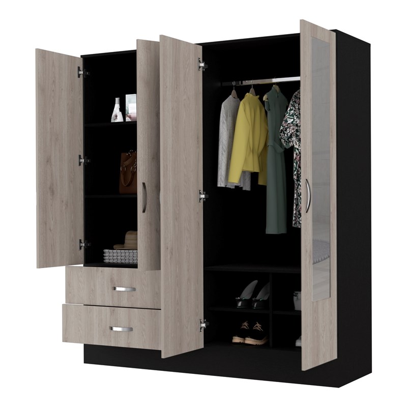 FM FURNITURE Florencia Mirrored Armoire Black Wengue/Light Grey Engineered Wood