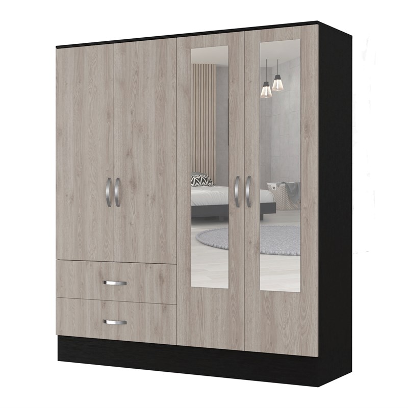 FM FURNITURE Florencia Mirrored Armoire Black Wengue/Light Grey Engineered Wood