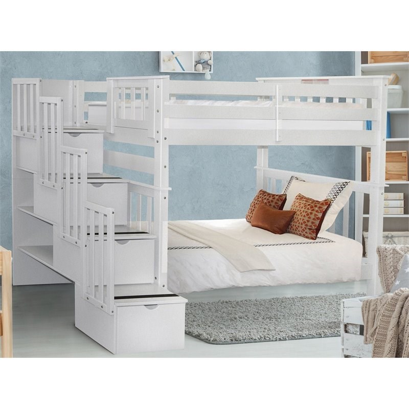 Bedz King Pine Wood Tall Twin over Twin Stairway Bunk Bed in White