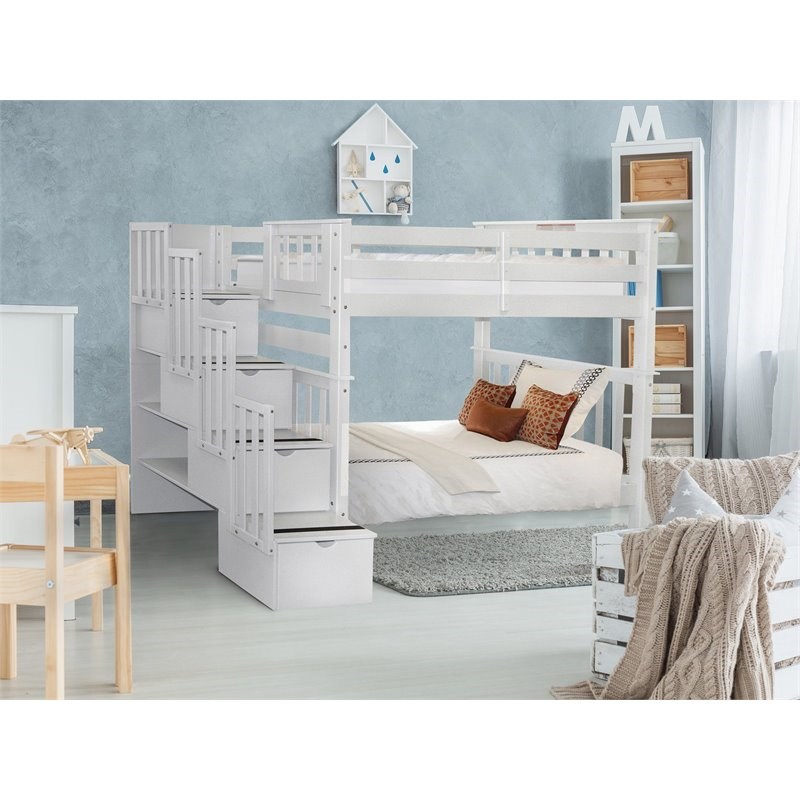 Bedz King Pine Wood Tall Twin over Twin Stairway Bunk Bed in White