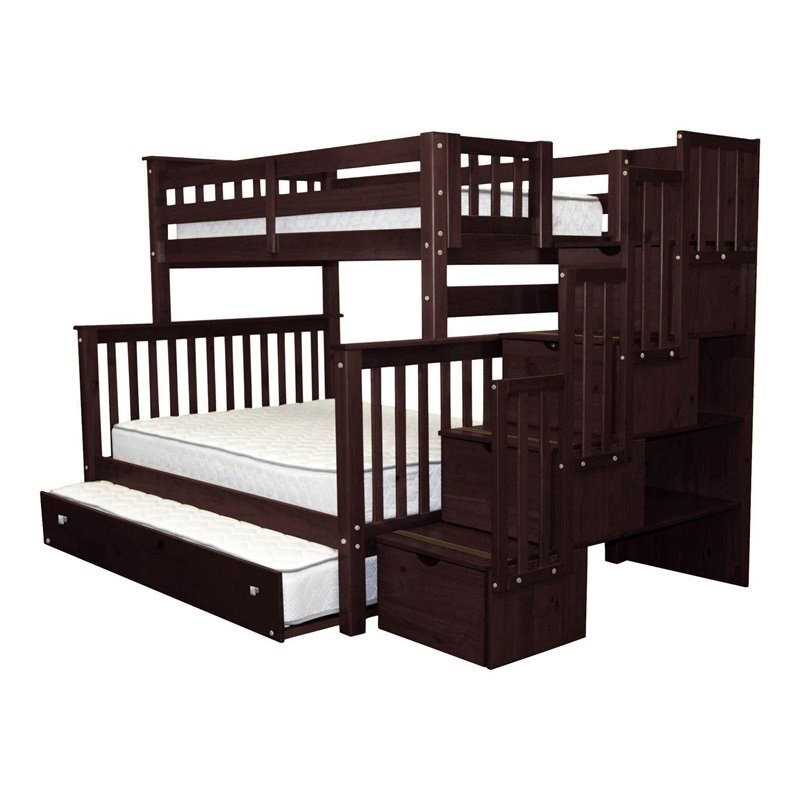 Bedz King Pine Wood Twin over Full Stairway Bunk Bed with Full Trundle