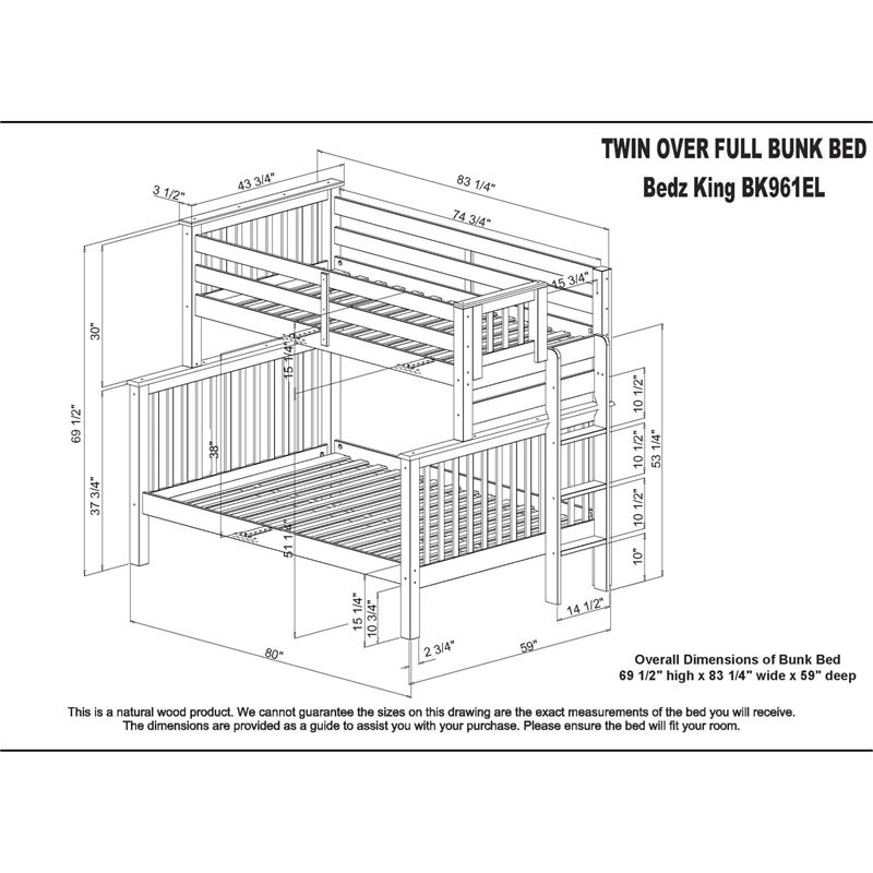 Bedz King Wood Twin over Full Bunk Bed with 2 Under Bed Drawers in Dark