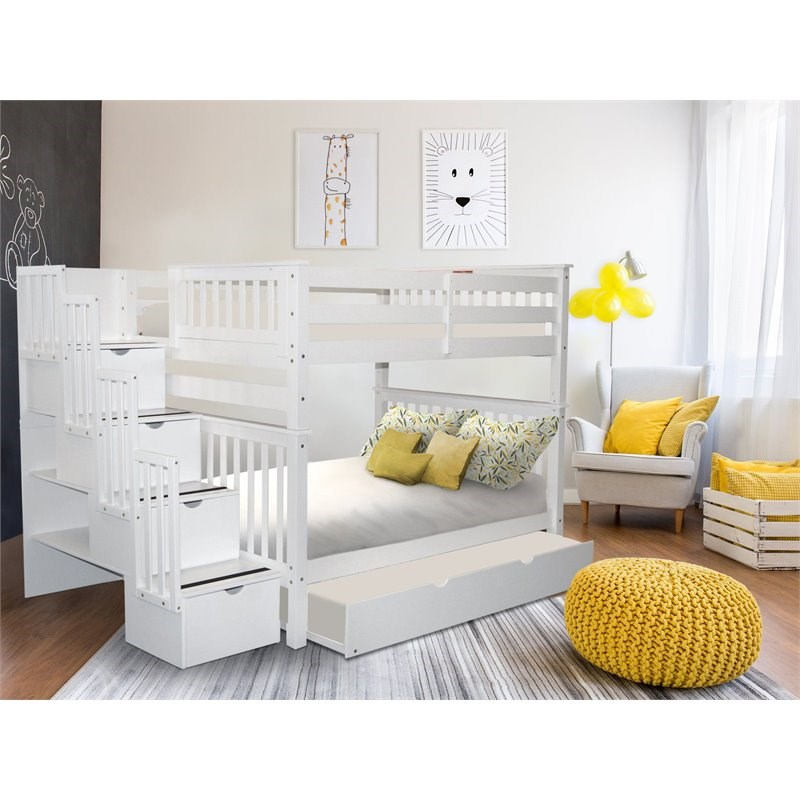 Bedz King Pine Wood Full over Full Stairway Bunk Bed with Full Trundle