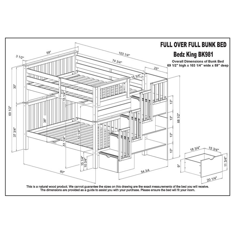Bedz King Pine Wood Full over Full Stairway Bunk Bed with Full Trundle