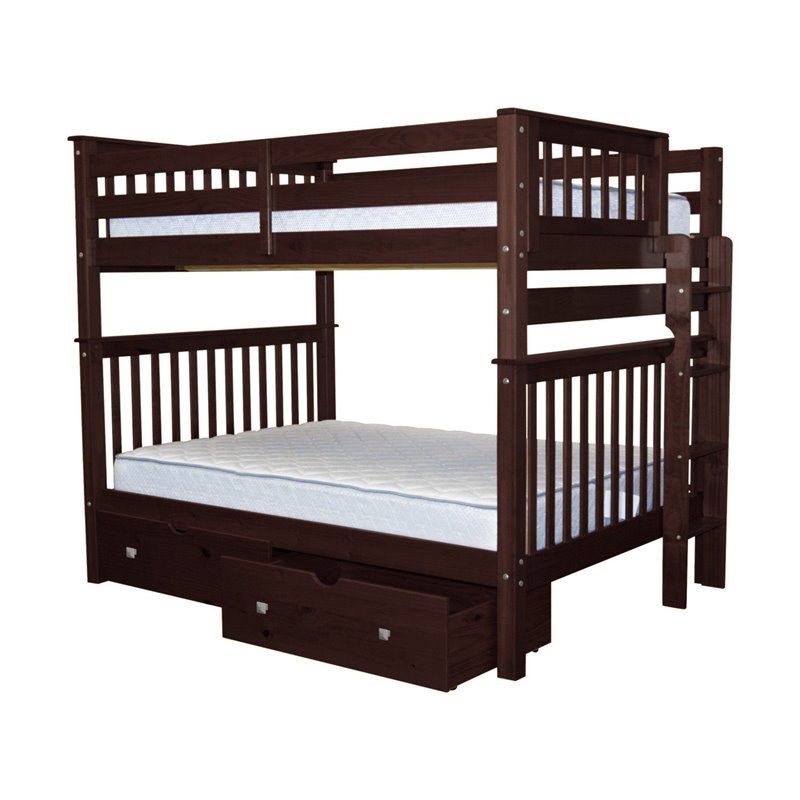 Bedz King Pine Wood Full over Full Bunk Bed with 2 Under Drawers in