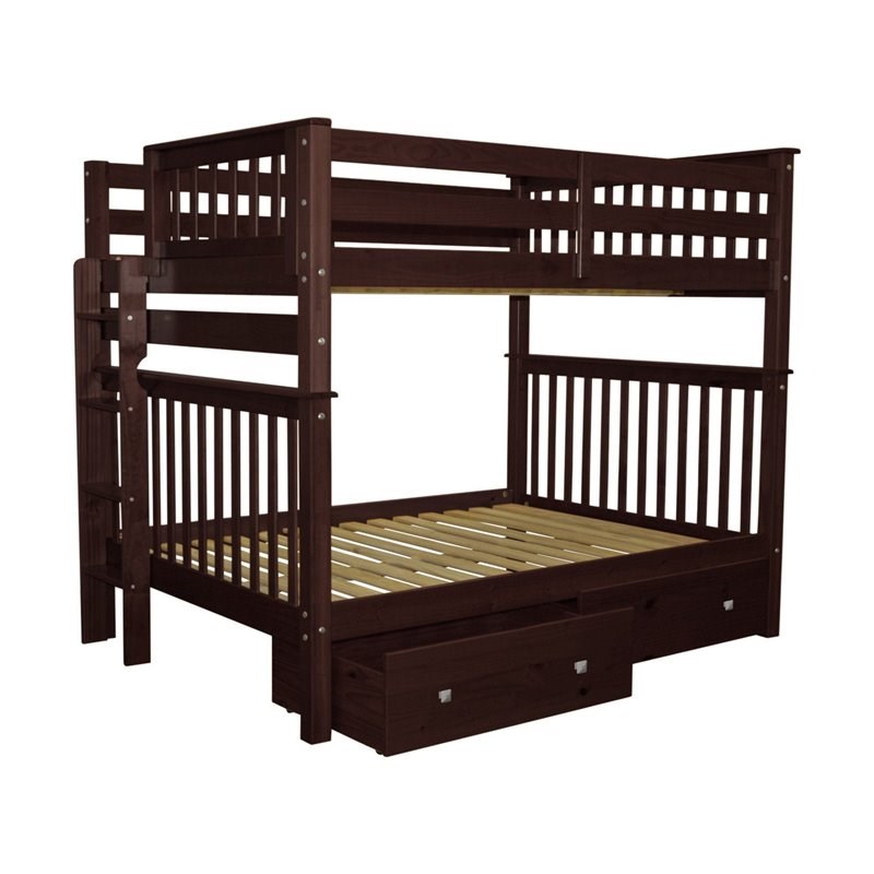 Bedz King Pine Wood Full over Full Bunk Bed with 2 Under Drawers in
