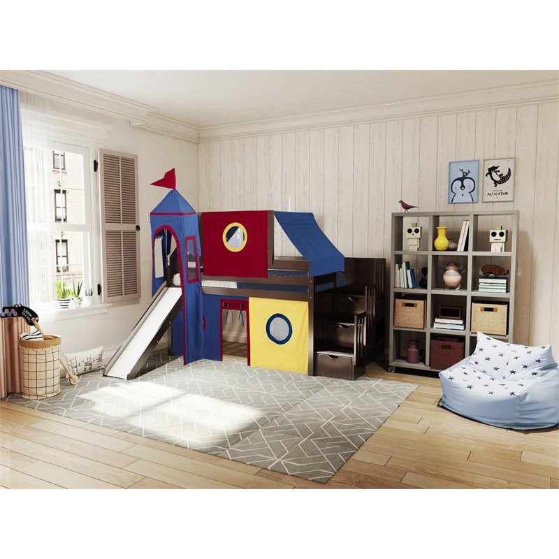JACKPOT Solid Wood Prince & Princess Low Loft Bed in Cherry/Red/Yellow