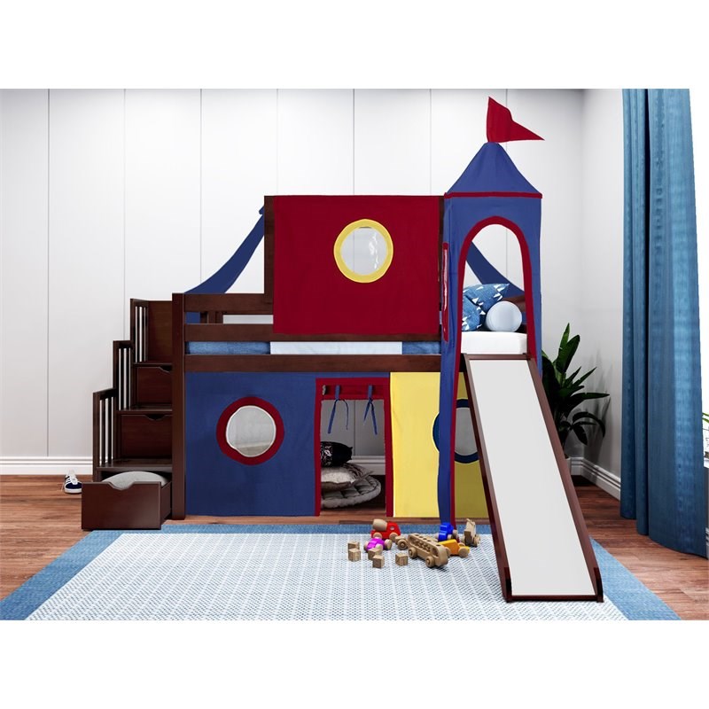 JACKPOT Solid Wood Prince & Princess Low Loft Bed in Cherry/Red/Yellow