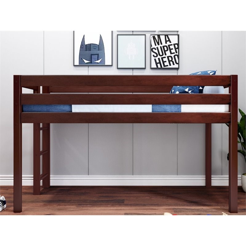 JACKPOT Contemporary Solid Wood Low Loft Twin Bed with End Ladder in Cherry