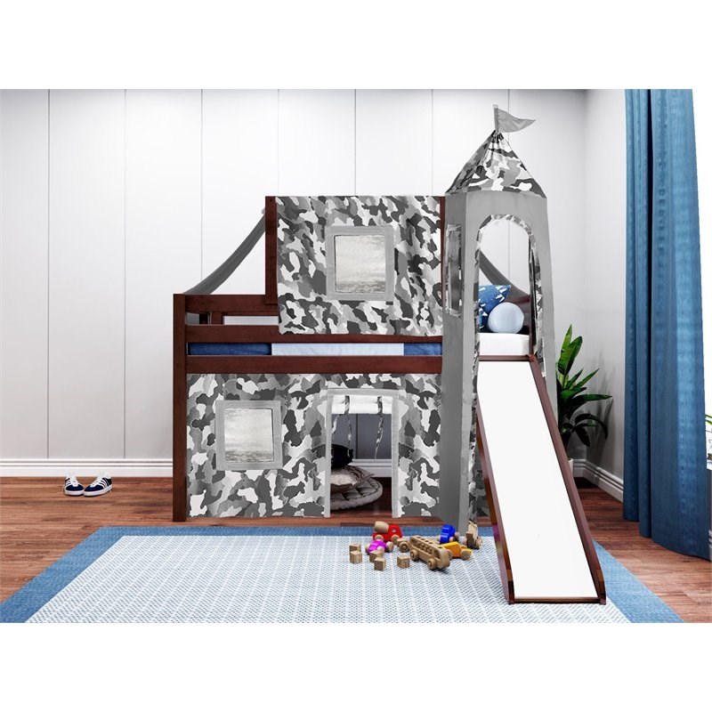 JACKPOT Solid Wood Prince & Princess Low Loft Twin Bed in Cherry/Gray Camo