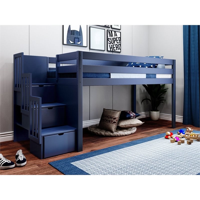 JACKPOT Contemporary Solid Wood Low Loft Twin Bed with 3 Step Stairway in Blue