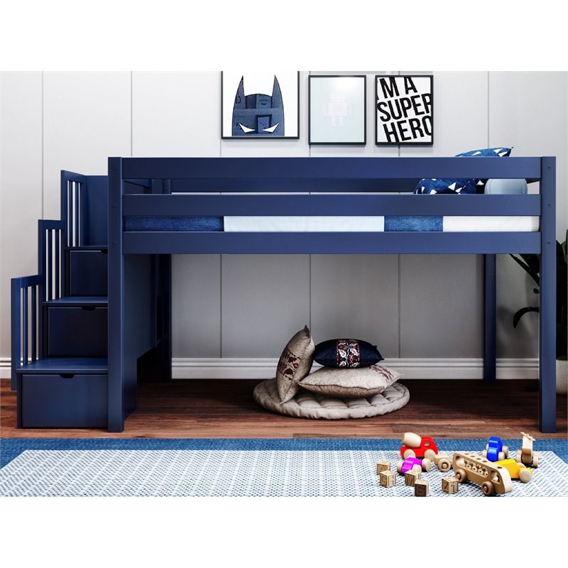 JACKPOT Contemporary Solid Wood Low Loft Twin Bed with 3 Step Stairway in Blue