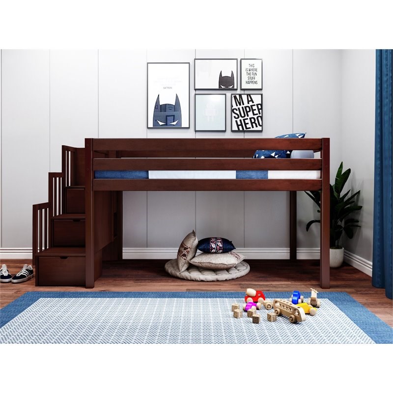 JACKPOT Contemporary Solid Wood Low Loft Twin Bed with 3 Step Stairway in Cherry